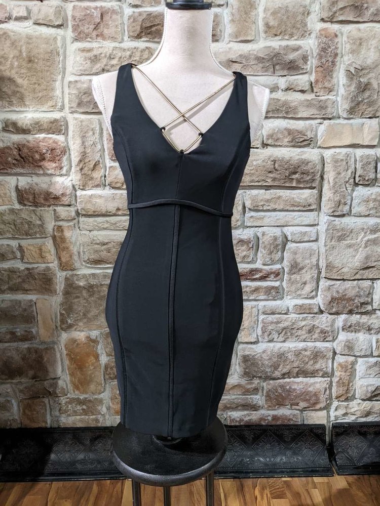 Guess Black Bodycon Dress with Gold Chain, Size 0