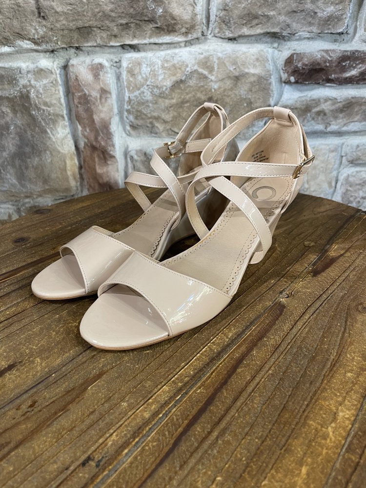 Taupe Patent Leather Wedge Sandal, Size 12