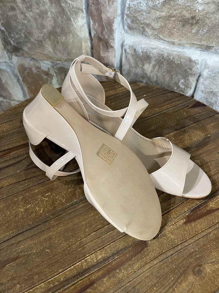 Taupe Patent Leather Wedge Sandal, Size 12