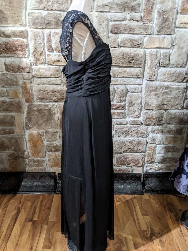 Scarlett Black Lace Shoulder Ruched Evening Gown, Size 16