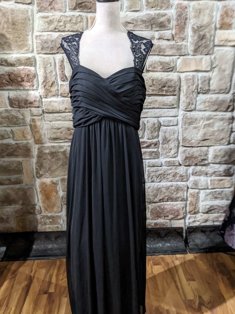 Scarlett Black Lace Shoulder Ruched Evening Gown, Size 16