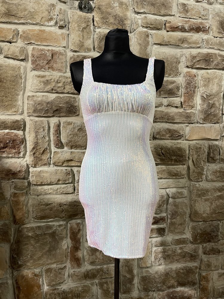 Bear Dance White Iridescent Mini Sequin Dress