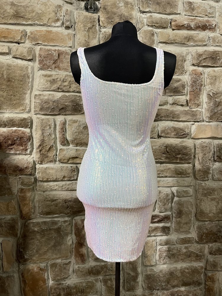 Bear Dance White Iridescent Mini Sequin Dress