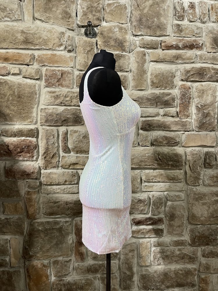 Bear Dance White Iridescent Mini Sequin Dress