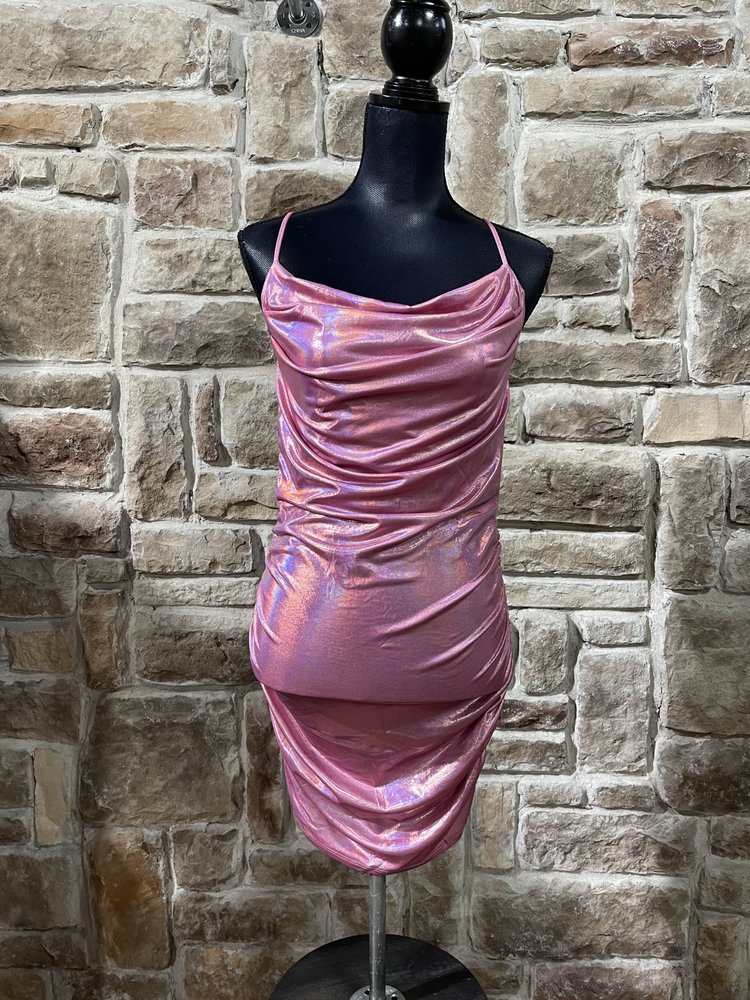 Bear Dance Pink Metallic Mini Dress with Open Back