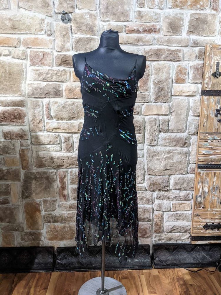 Diane vonFurstenberg Black Sequin Dress with Handkerchief Hem (Vintage), Size 6