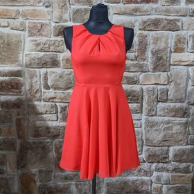 Red Flowy A-Line Dress with Pleated Neckline, Size S