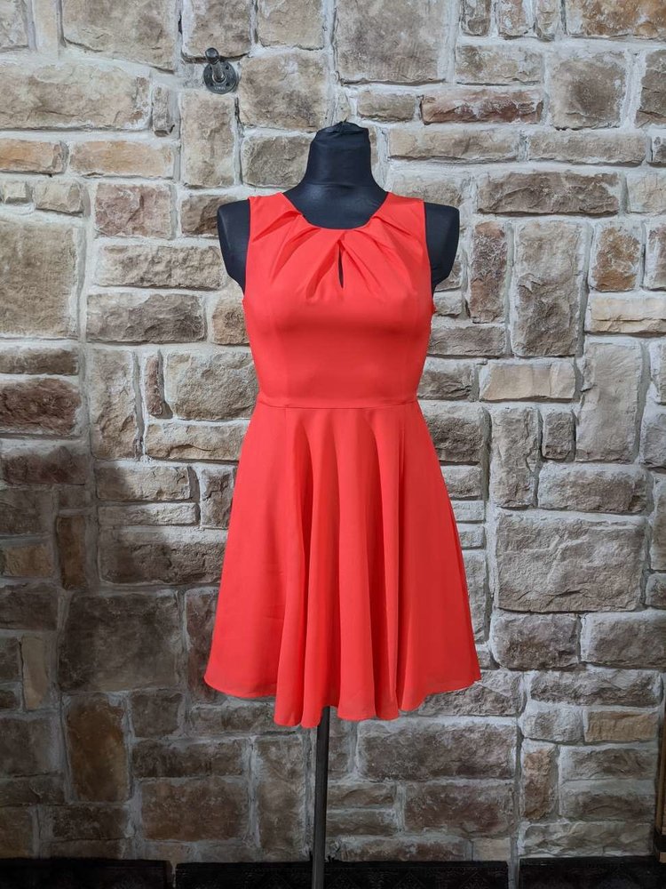Red Flowy A-Line Dress with Pleated Neckline, Size S