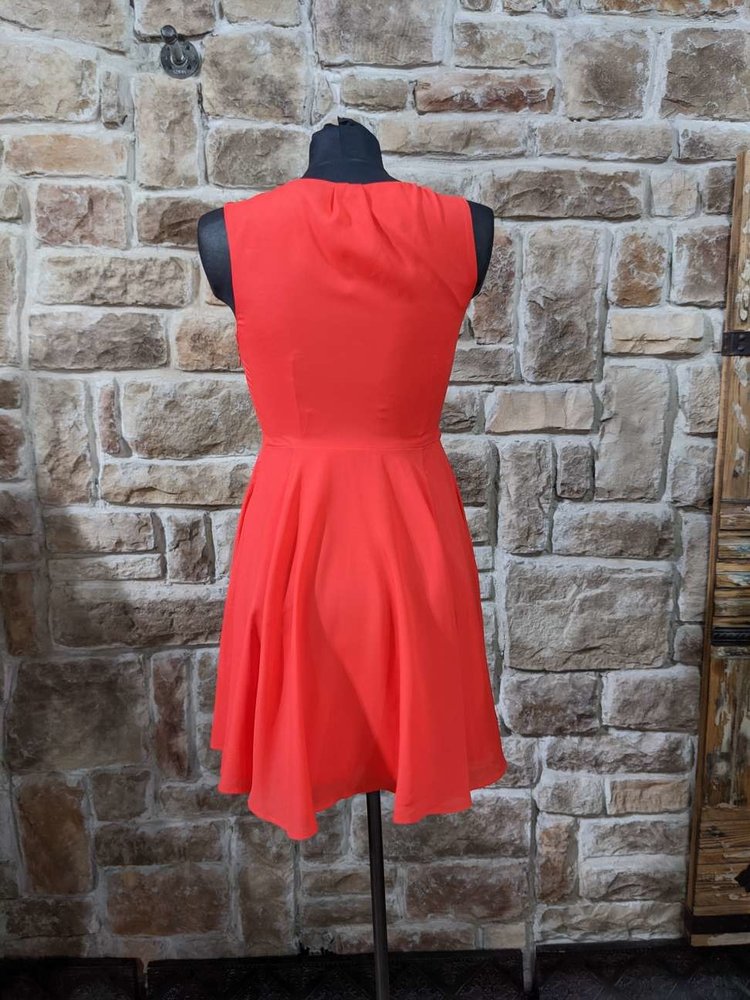 Red Flowy A-Line Dress with Pleated Neckline, Size S