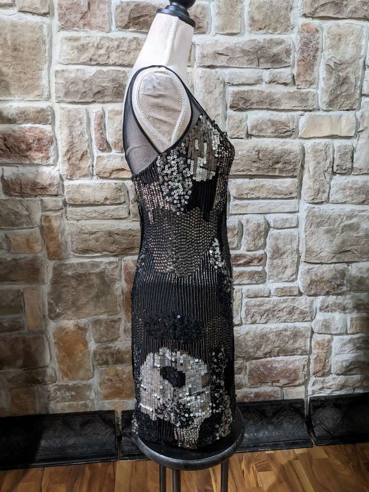 French Connection Black Shift Dress with Silver Sequin Panels, Size 0