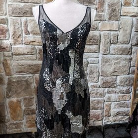 French Connection Black Shift Dress with Silver Sequin Panels, Size 0