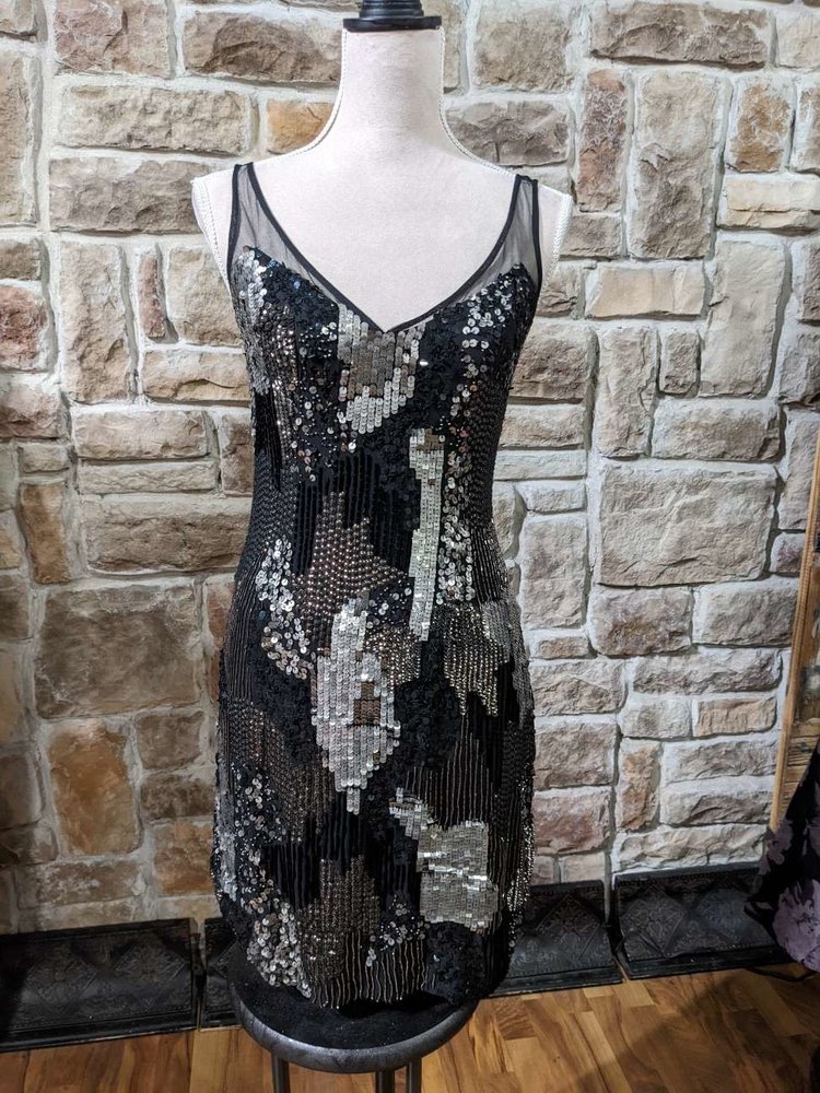French Connection Black Shift Dress with Silver Sequin Panels, Size 0