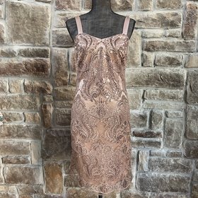 R & M Richards Taupe Sheath with Rosegold Sequin Overlay, Size 6