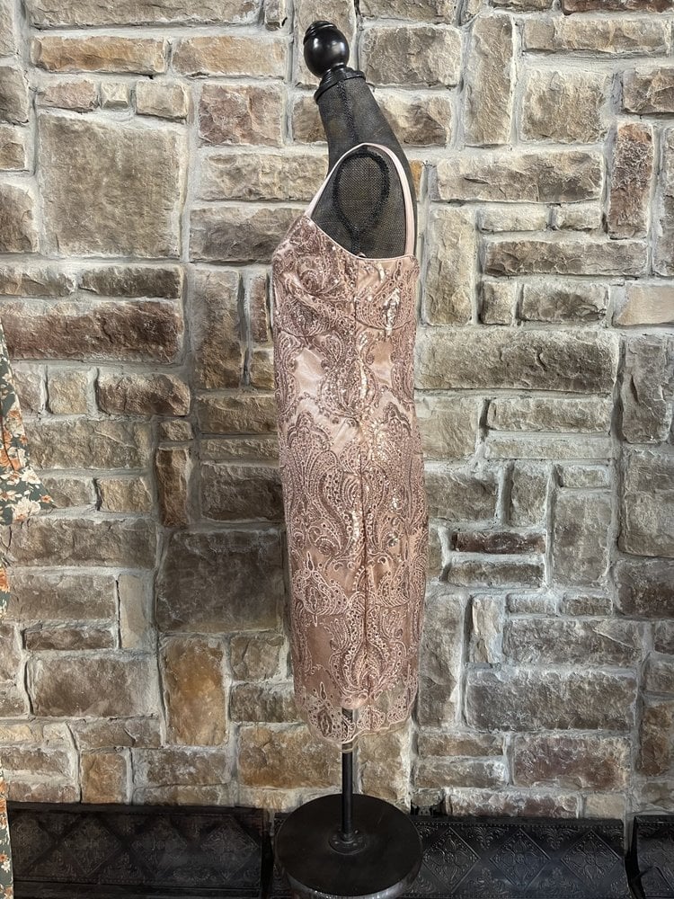 R & M Richards Taupe Sheath with Rosegold Sequin Overlay, Size 6