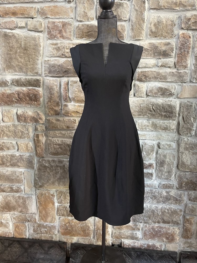 Halston Black A-Line V-Neck Dress with Pockets, Size 4