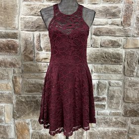 Material Girl Wine Lace Overlay A-Line Dress, Size L