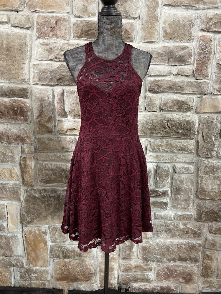 Material Girl Wine Lace Overlay A-Line Dress, Size L