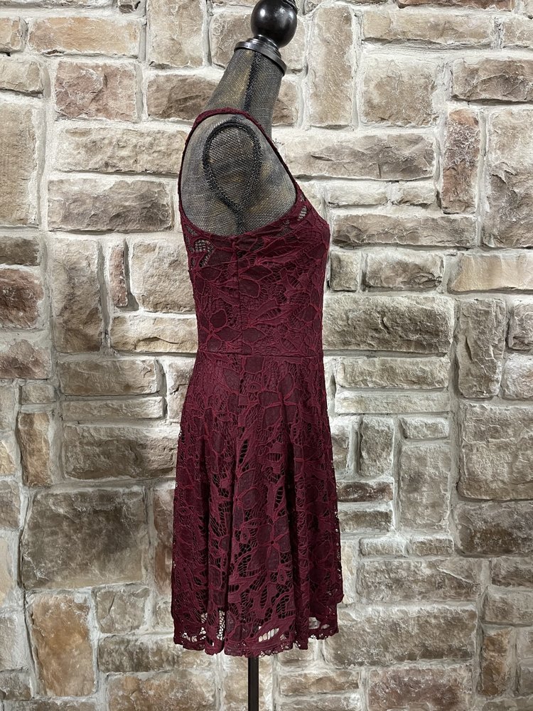Material Girl Wine Lace Overlay A-Line Dress, Size L