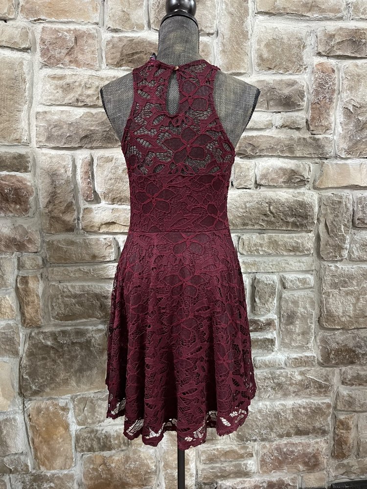 Material Girl Wine Lace Overlay A-Line Dress, Size L