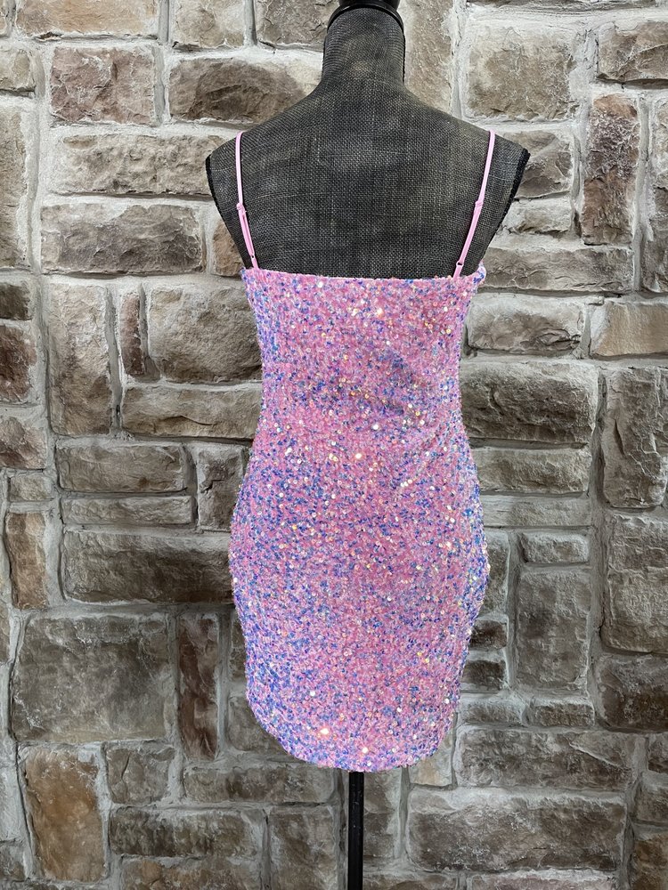 Velvi Bubble Gum Pink Sequin Bodycon Lined Dress,