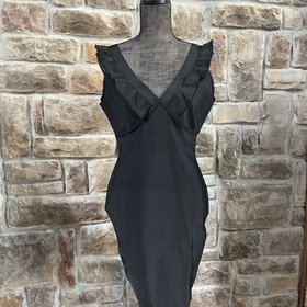 Aqua Black Bodycon Dress with Double Ruffle V, Size L