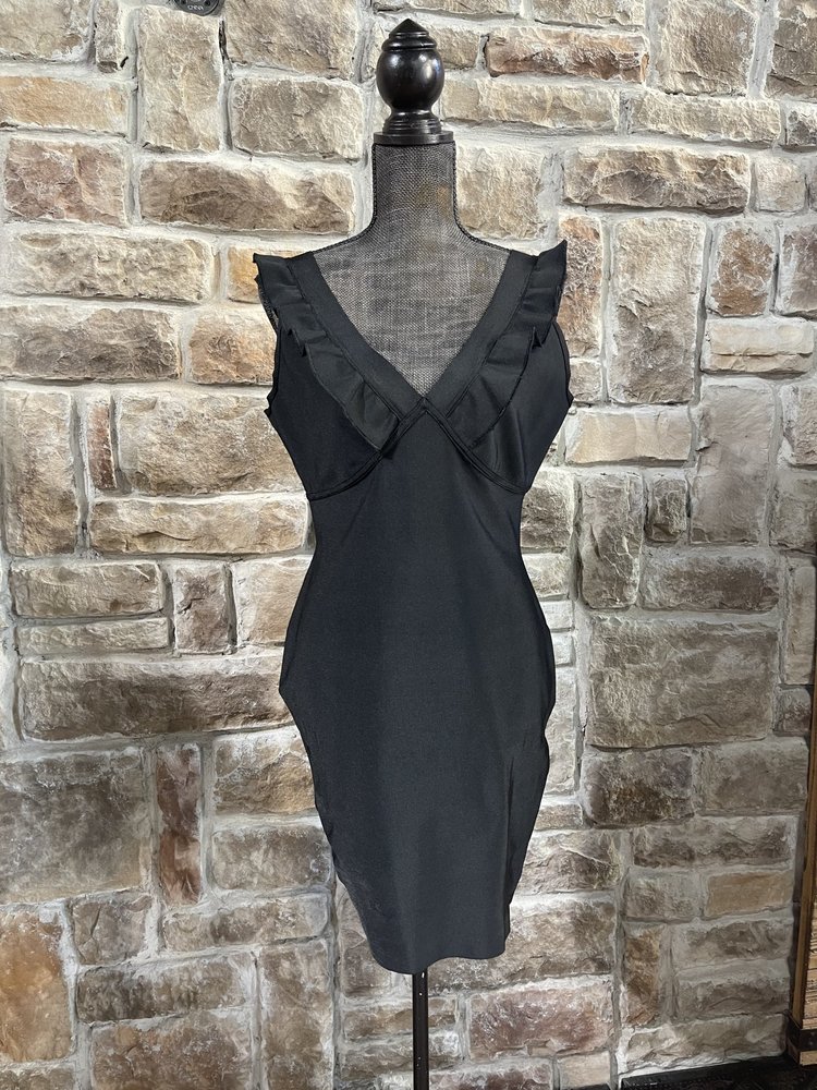 Aqua Black Bodycon Dress with Double Ruffle V, Size L