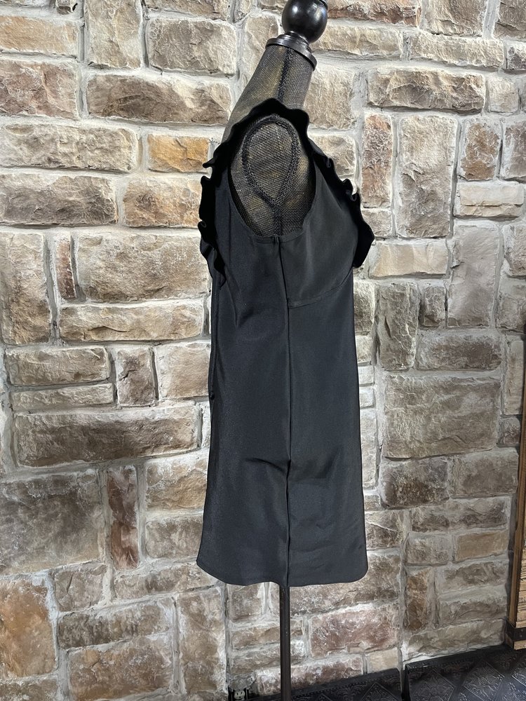 Aqua Black Bodycon Dress with Double Ruffle V, Size L