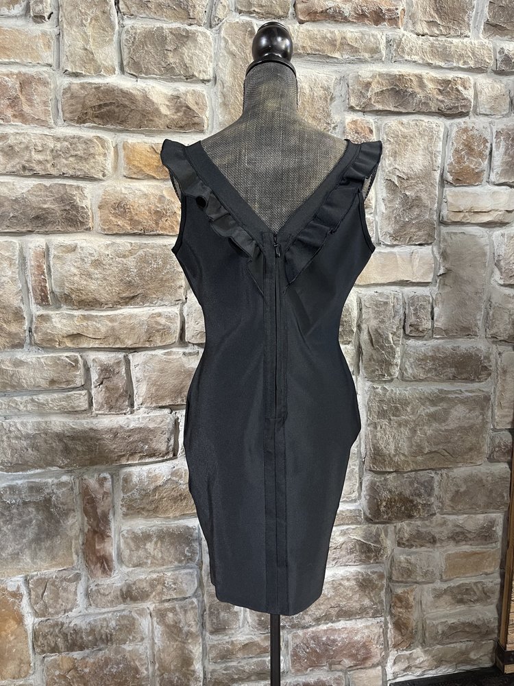 Aqua Black Bodycon Dress with Double Ruffle V, Size L
