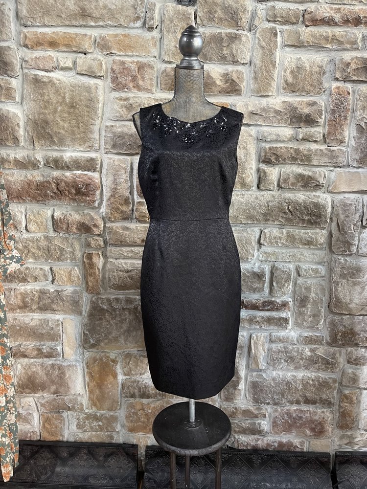 Preston  & York Black Textured Sheath with Embellished Neckline, Size 8