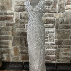Adrianna Papell Silver Sequin Sheath with Drape Neck, Size 4
