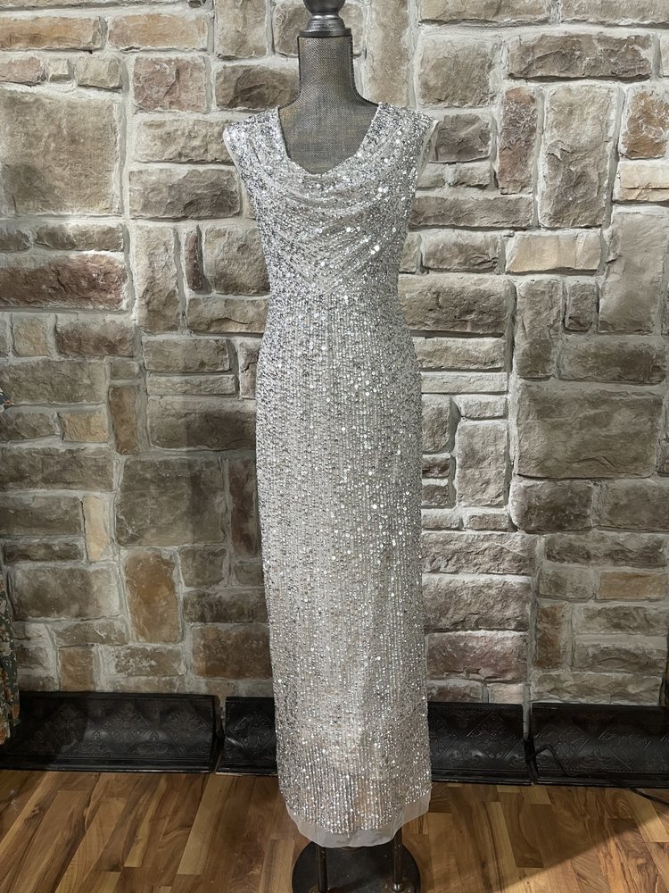 Adrianna Papell Silver Sequin Sheath with Drape Neck, Size 4