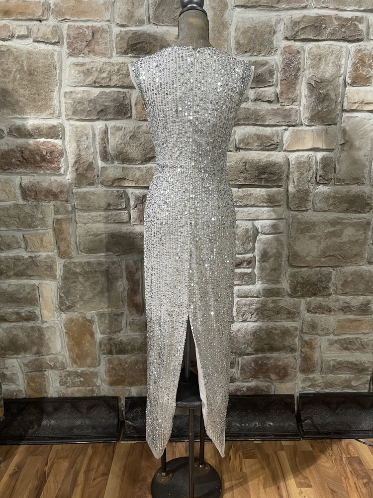 Adrianna Papell Silver Sequin Sheath with Drape Neck, Size 4