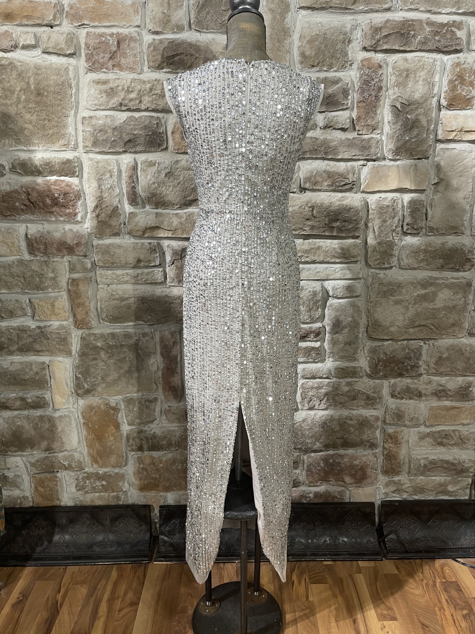 Adrianna Papell Silver Sequin Sheath with Drape Neck Size 4