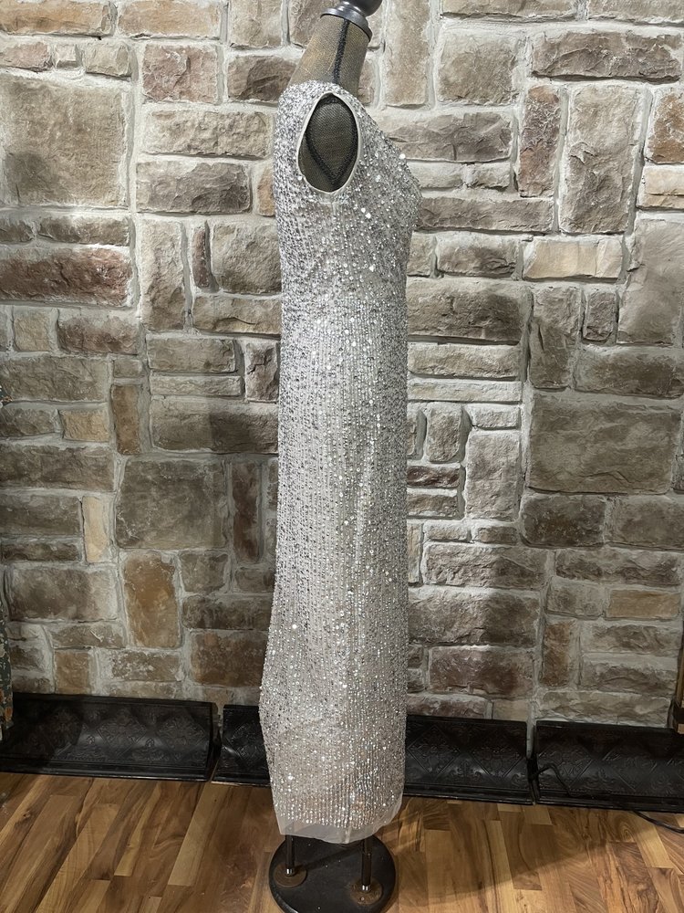 Adrianna Papell Silver Sequin Sheath with Drape Neck, Size 4
