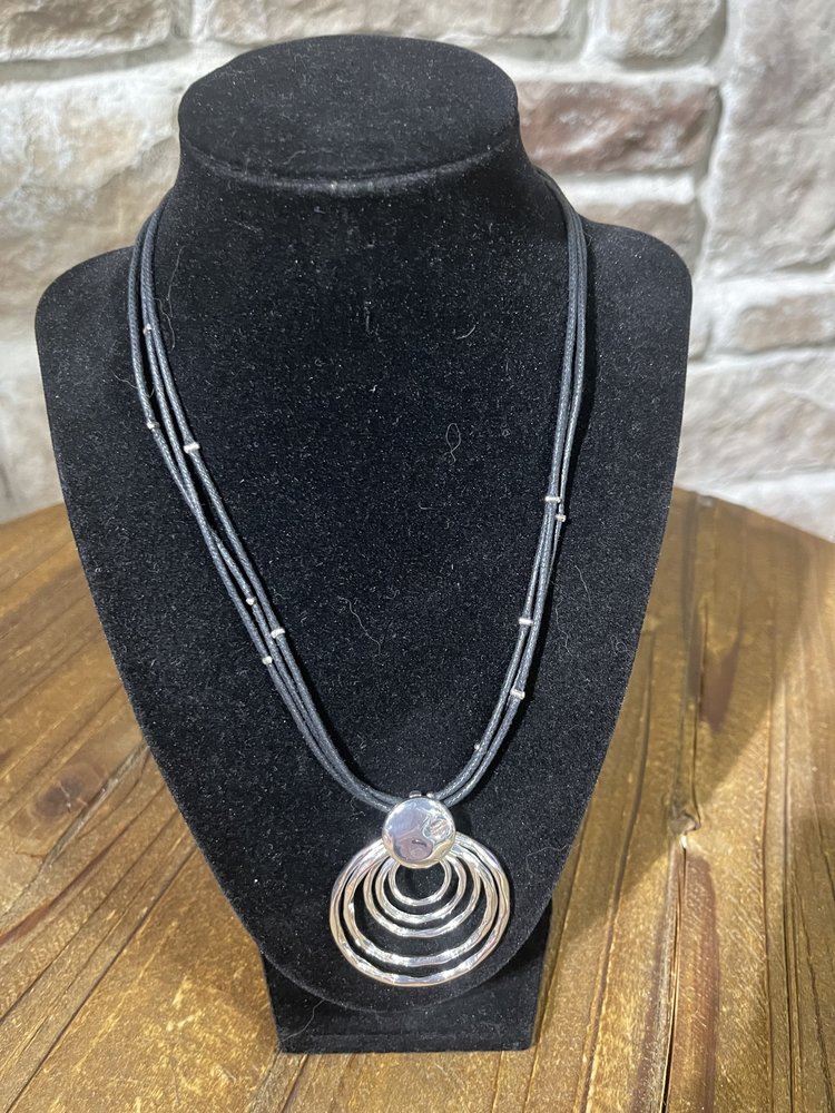 Black Rope Necklace with Five Silver Rings