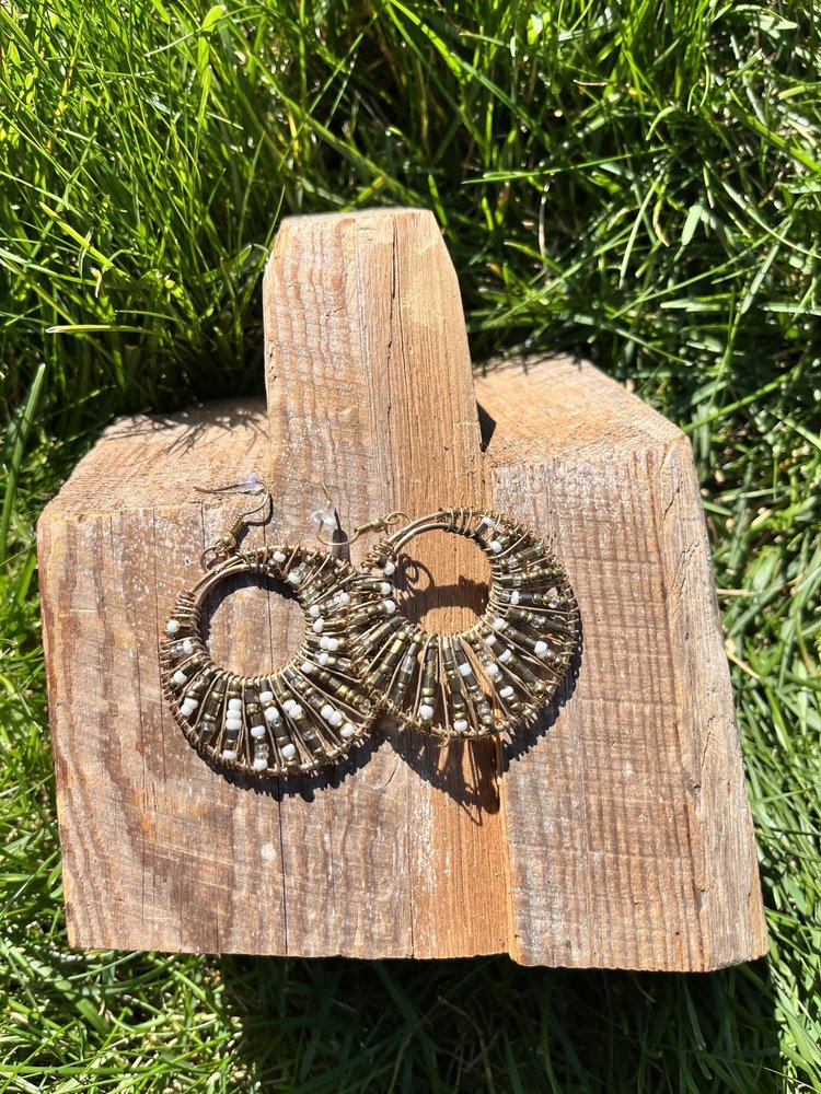 Copper with White and Silver Beaded Circle Earrings