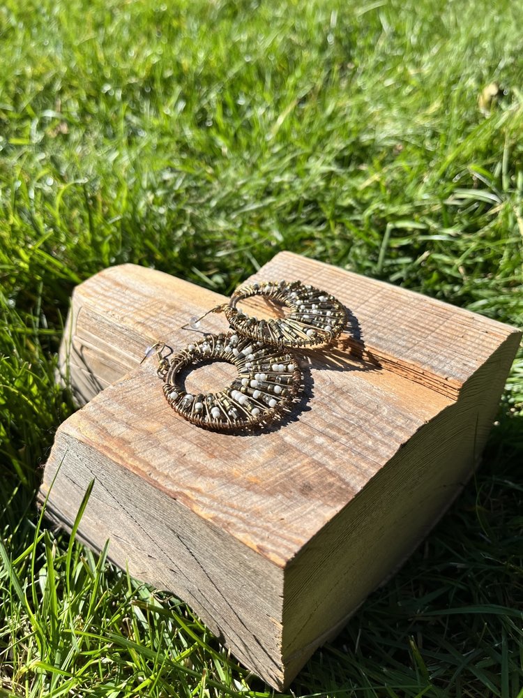 Copper with White and Silver Beaded Circle Earrings