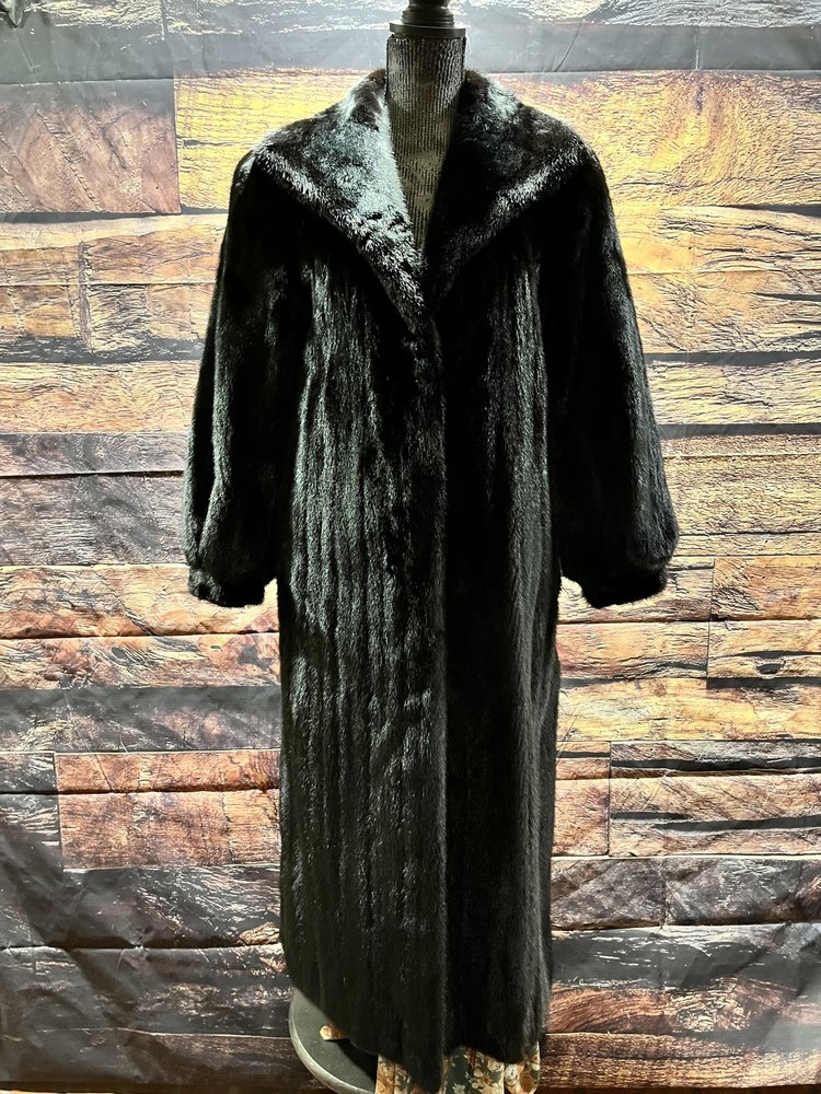 Conklin Black Full Length Mink Coat w/ Wing Collar,  Size S