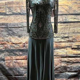 Pisarro Nights Slate Gray Beaded Overlay Gown , Size 4