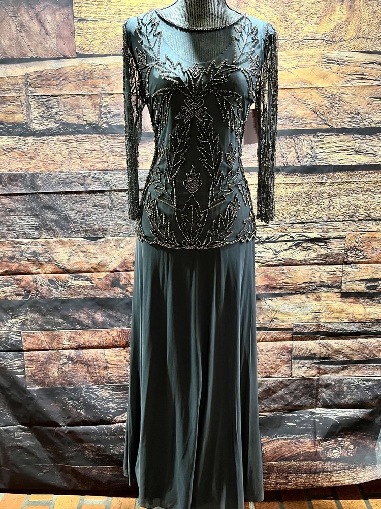 Pisarro Nights Slate Gray Beaded Overlay Gown , Size 4