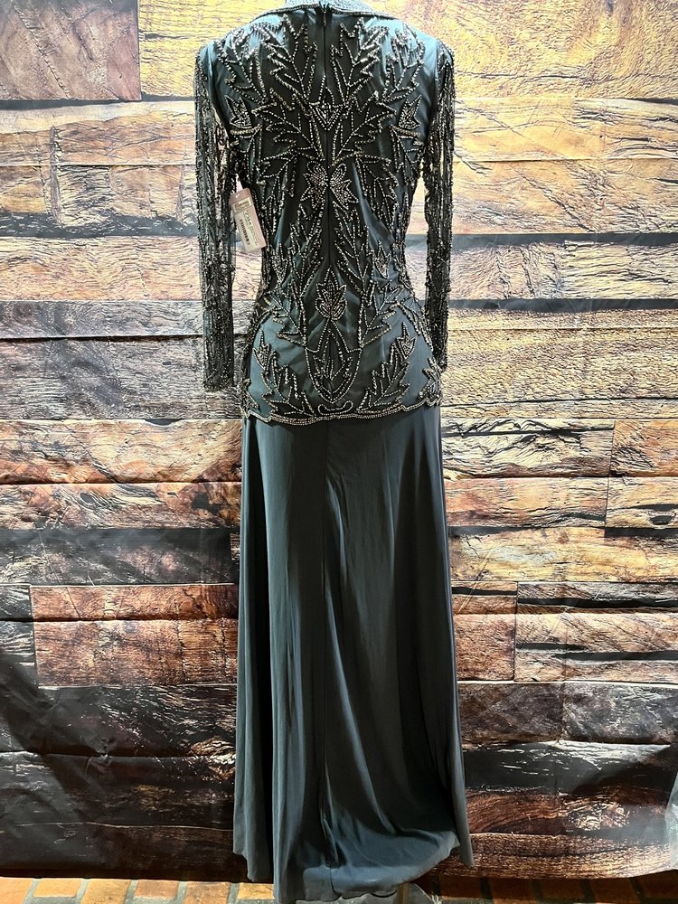 Pisarro Nights Slate Gray Beaded Overlay Gown , Size 4