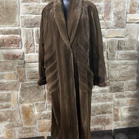Olive-Brown Sheared Mink Long Coat with Diagonal Insets, Size XL