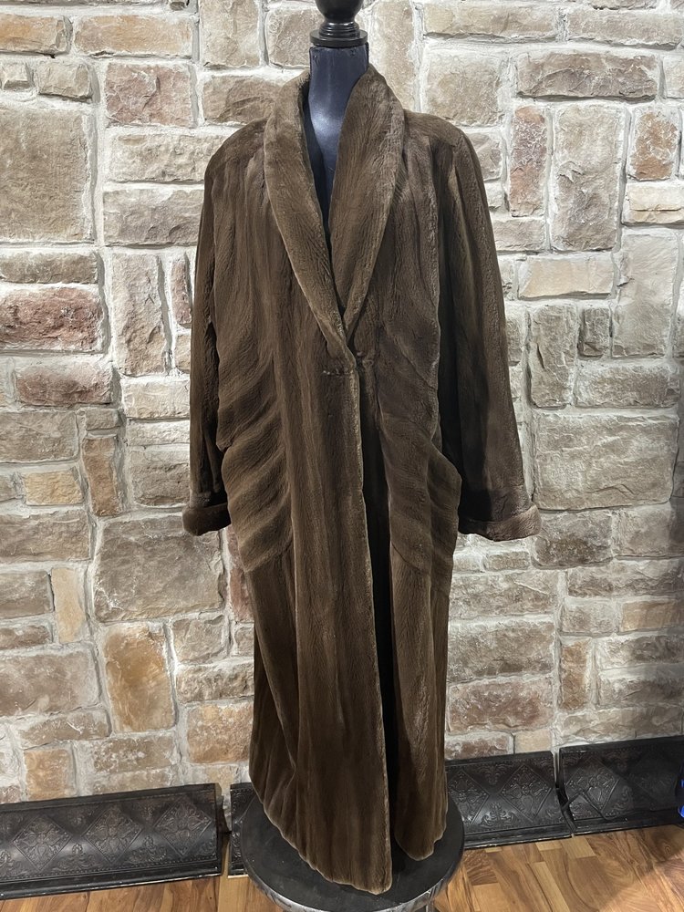 Olive-Brown Sheared Mink Long Coat with Diagonal Insets, Size XL