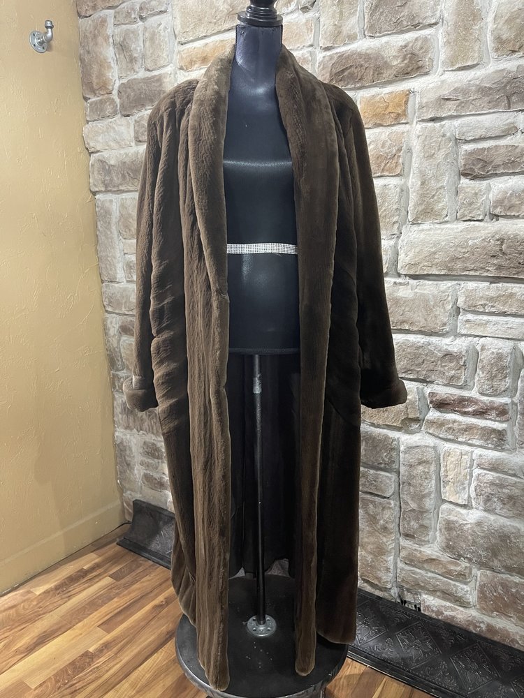 Olive-Brown Sheared Mink Long Coat with Diagonal Insets, Size XL