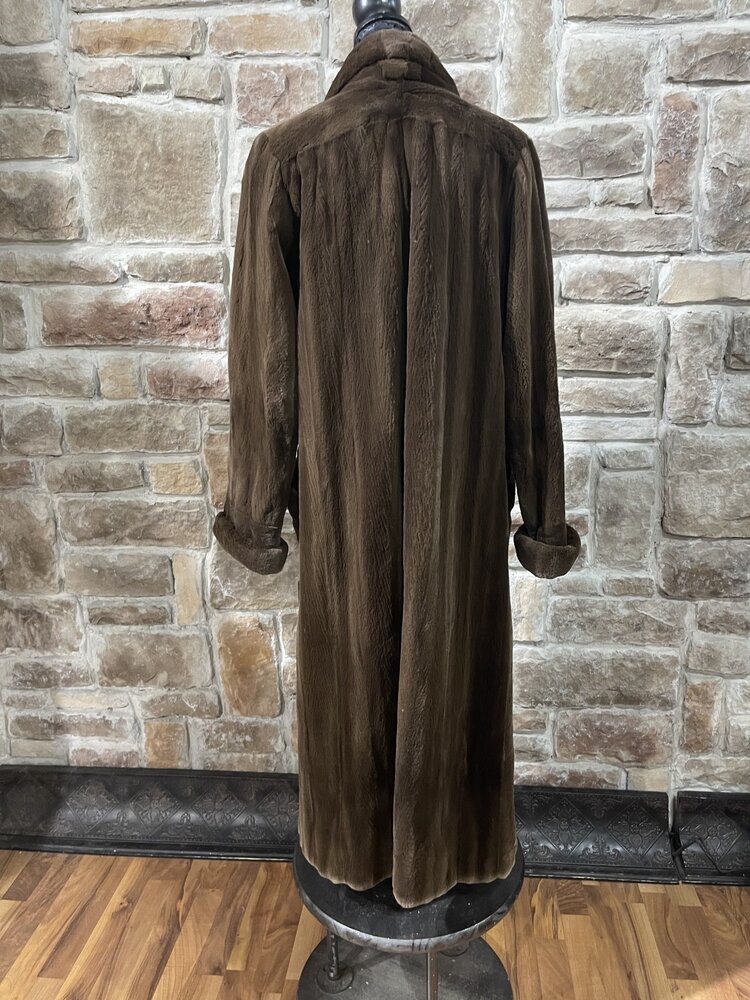 Olive-Brown Sheared Mink Long Coat with Diagonal Insets, Size XL
