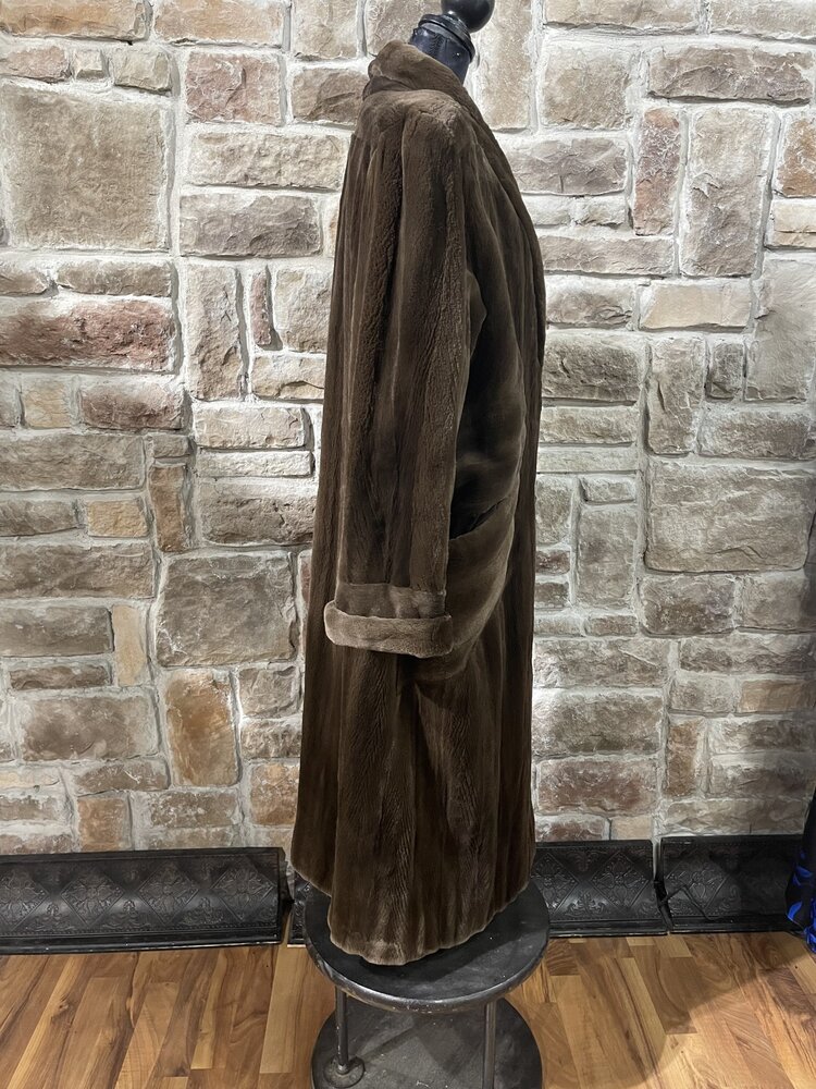 Olive-Brown Sheared Mink Long Coat with Diagonal Insets, Size XL