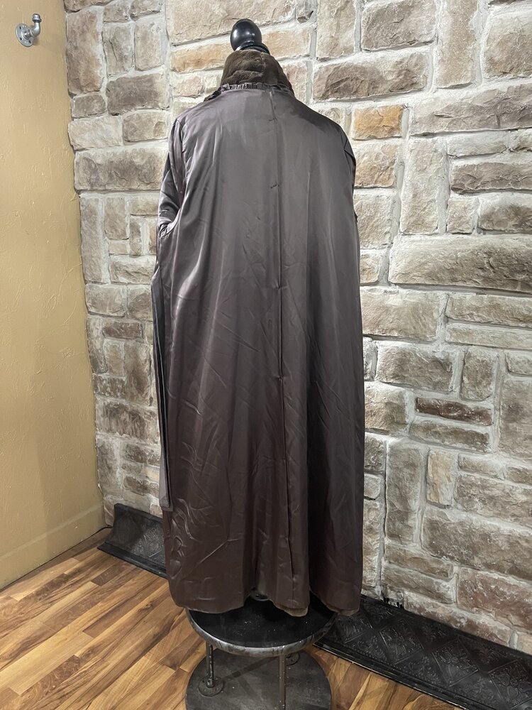 Olive-Brown Sheared Mink Long Coat with Diagonal Insets, Size XL