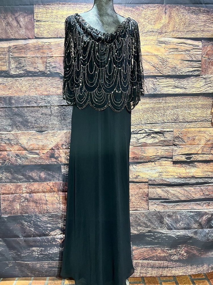 Jkara Black Beaded Overlay Top Gown, Size 12