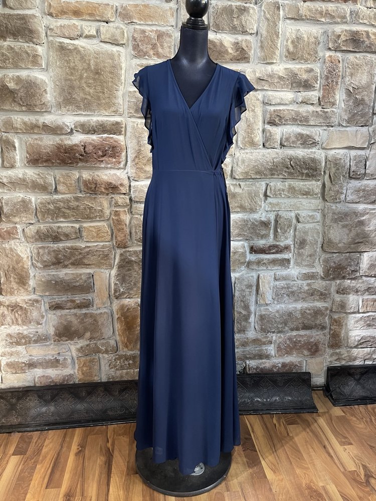 Lulus Navy Flutter Sleeved Wrap Gown,  Size XL