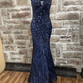 Panoply Navy Sequin Gown with Attachable Straps, Size 10